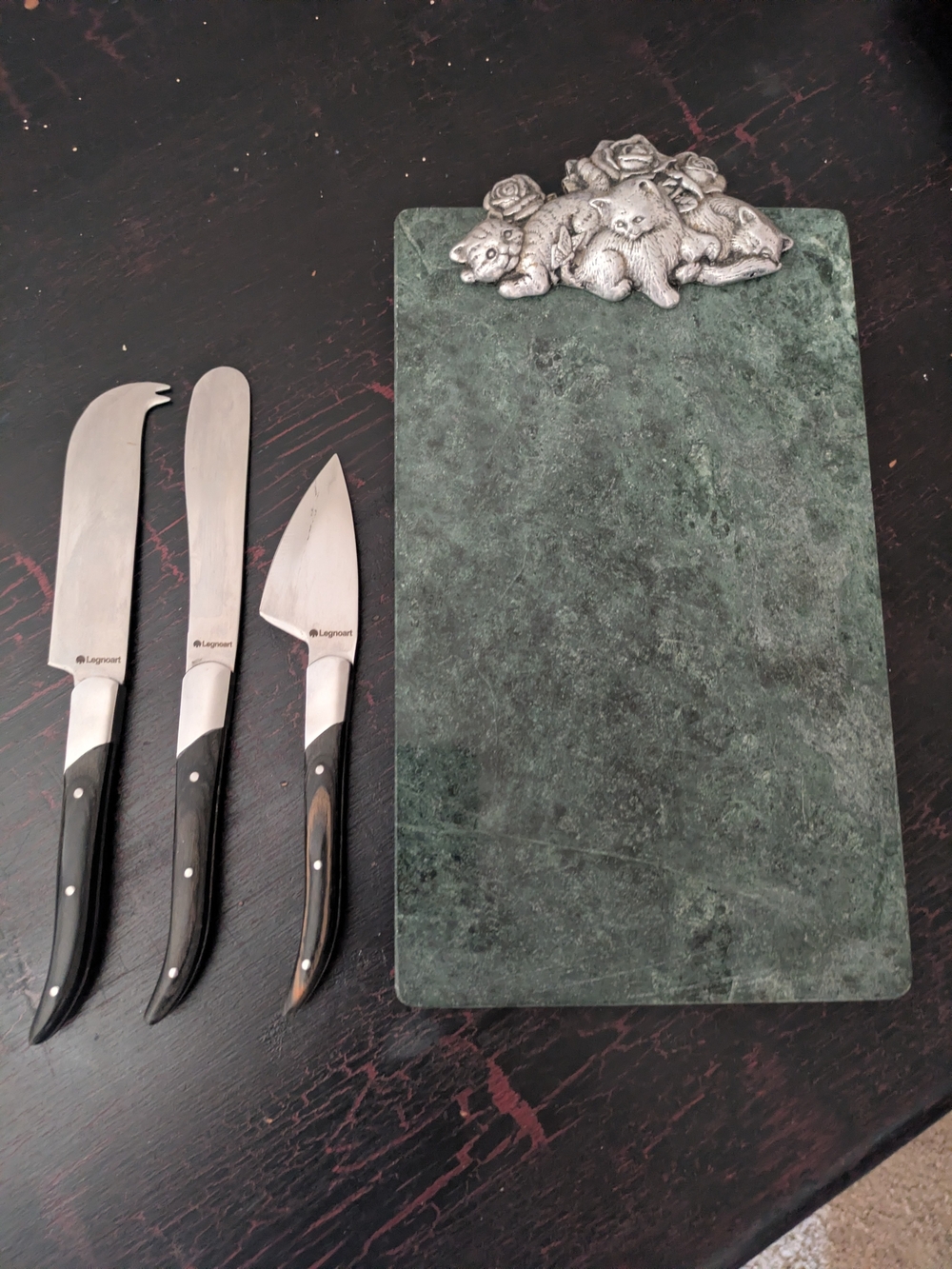 Green Marble Cheese Board with Decorative Pewter Animal Accent
